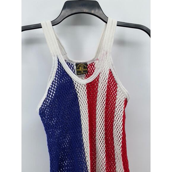 CHARMING COLORS Women's Blue-White-Red Scoop-Neck Open Crochet Knit Tank Top SZM - Picture 3 of 8